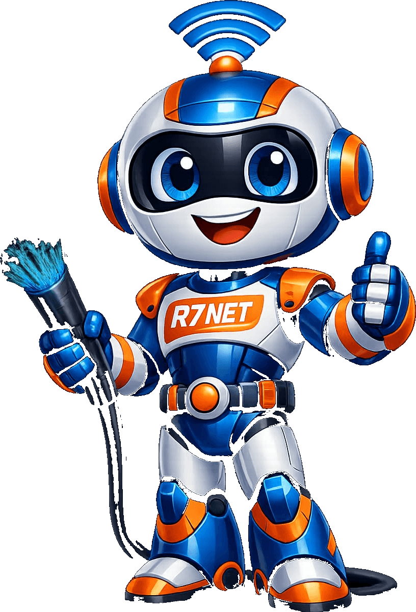 Mascote R7NET, o robozinho da equipe técnica, fazendo sinal de positivo